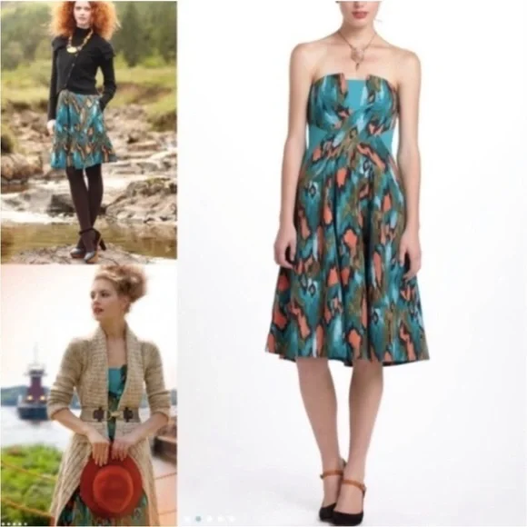 Anthropologie Girls From Savoy Teal Painted Ikat Strapless Dress Southwest Sz 4 - Picture 4 of 15